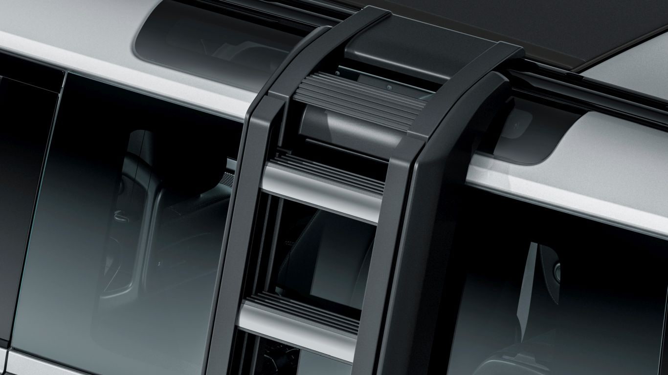 Land Rover Defender Deployable Roof Ladder - aluminium steps with black, powder-coated aluminium sides