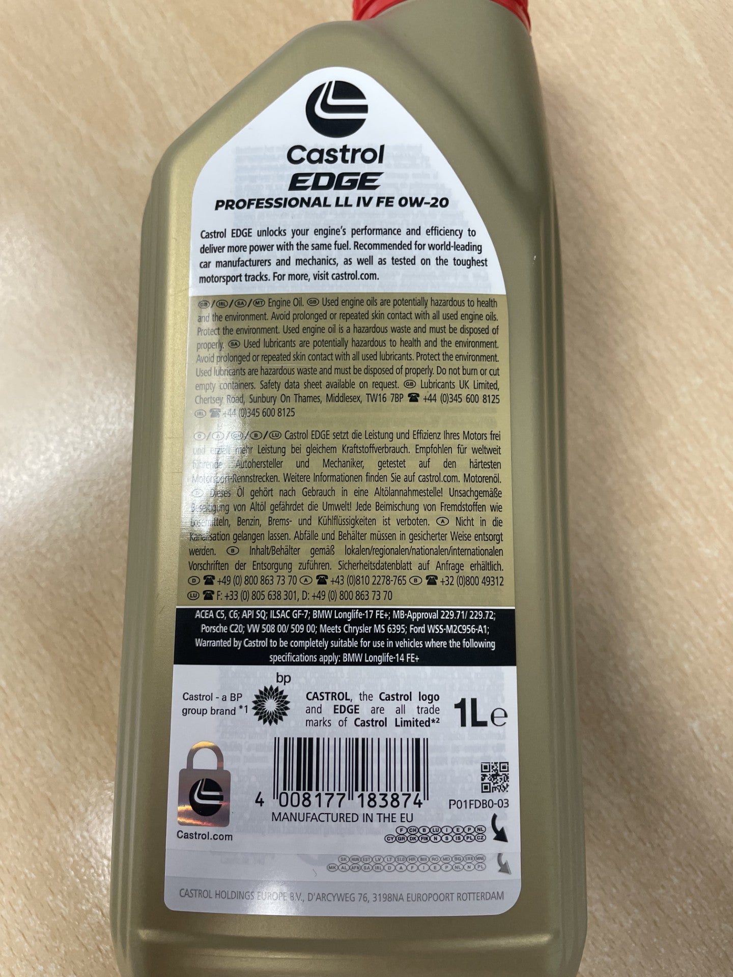 Castrol Edge 0W-20 Oil 1 Litre Top Up - Audi Recommended