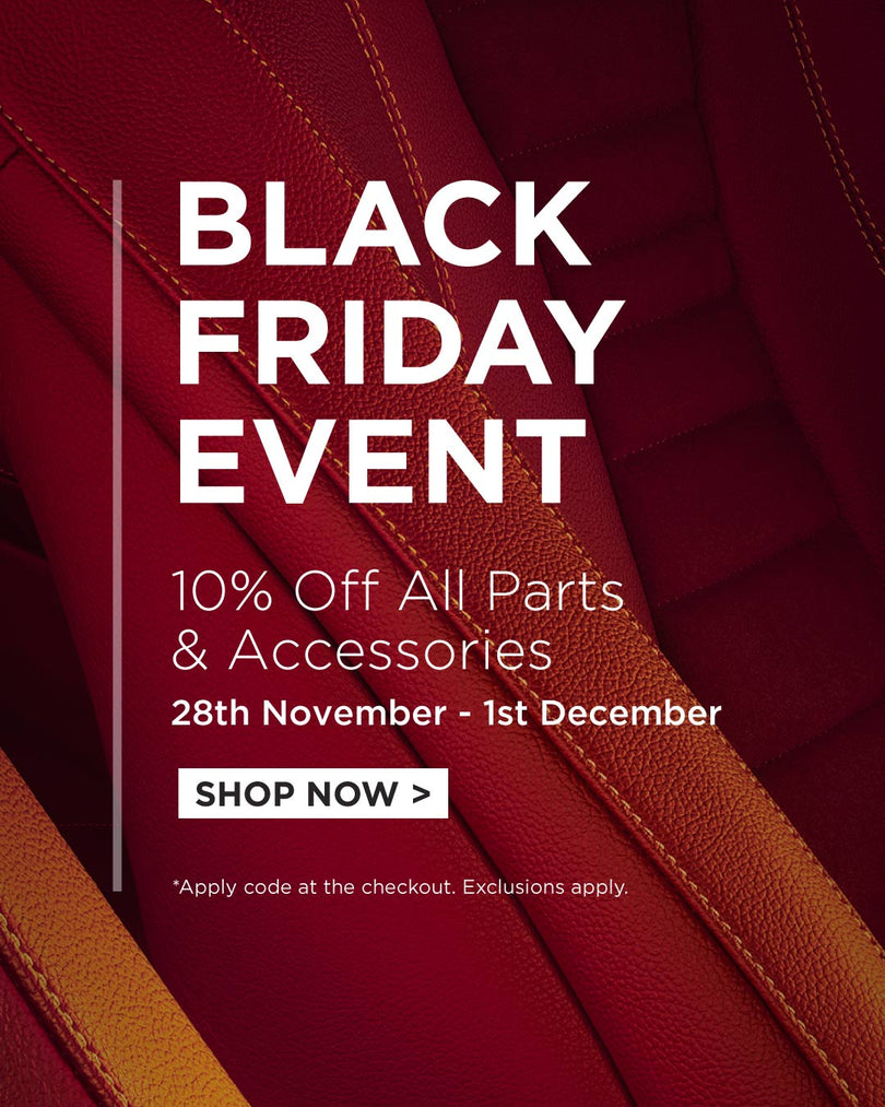 Promotional text for Black Friday event on car interior parts with a red background.
