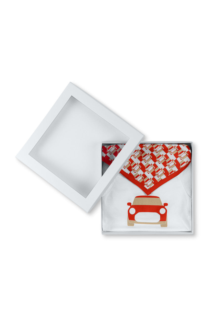 MINI Genuine Baby Gift Set Long Sleeved Body Suit Bib Car Print White Rebel Red