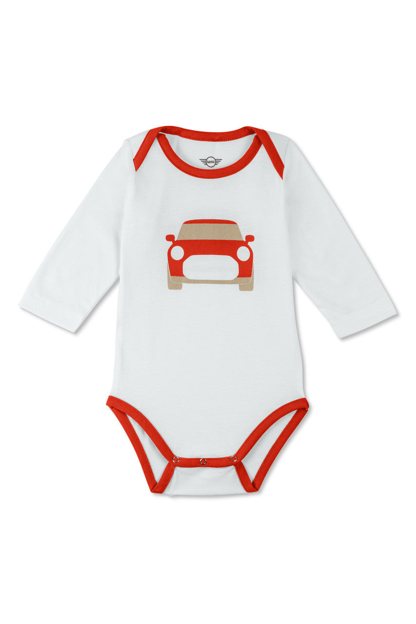 MINI Genuine Baby Gift Set Long Sleeved Body Suit Bib Car Print White Rebel Red