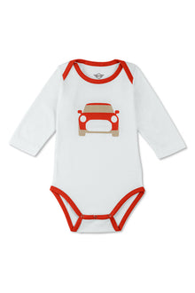 MINI Genuine Baby Gift Set Long Sleeved Body Suit Bib Car Print White Rebel Red