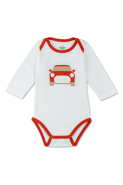 MINI Genuine Baby Gift Set Long Sleeved Body Suit Bib Car Print White Rebel Red
